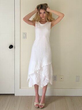 Y2K Cotton Midi Dress (M) medium white vintage coquette ruffle sundress preppy